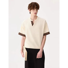 Elbow-Sleeve Stand Collar Plaid Panel T-Shirt