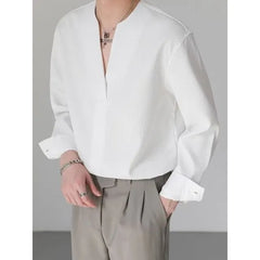 Long-Sleeve V-Neck Plain Textured Shirt