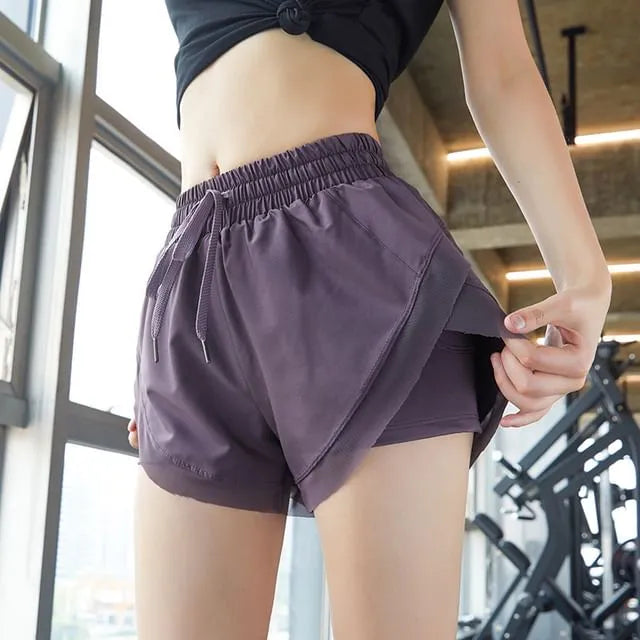 Drawstring Waist Plain Mock Two Piece Yoga Shorts