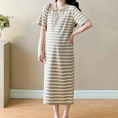 Maternity Short-Sleeve Collar Striped Midi T-Shirt Dress