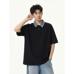 Mock Two-Piece Elbow-Sleeve Plaid Collar Polo Shirt