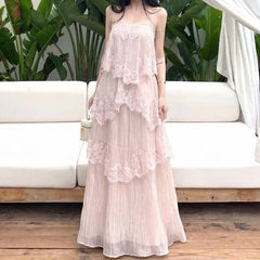 Spaghetti Strap Lace Asymmetrical Maxi A-Line Dress