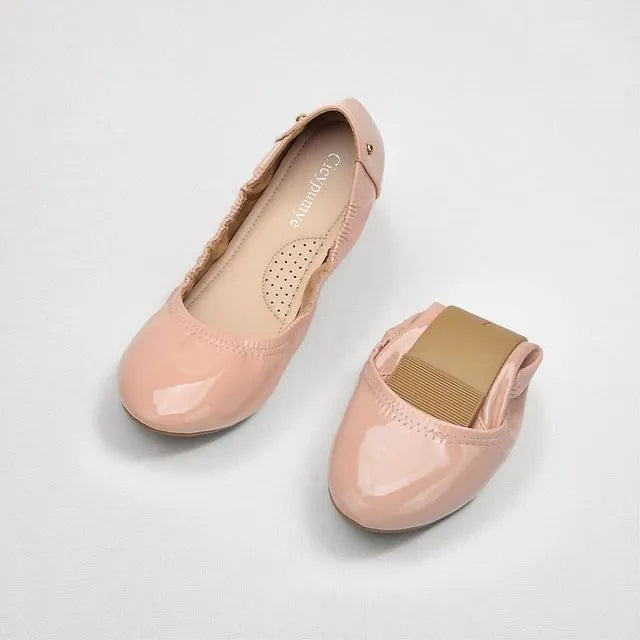 Foldable Plain Faux Leather Flats