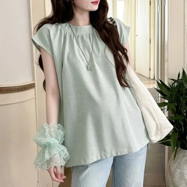 Maternity Short-Sleeve Crew Neck Plaid Blouse