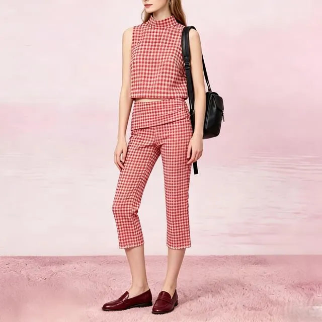 Mock Neck Gingham Slit Crop Tank Top / Mid Rise Ruched  Straight Leg Capri Pants