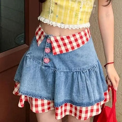 High Waist Gingham Panel Button Fly Denim Mini A-Line Skirt