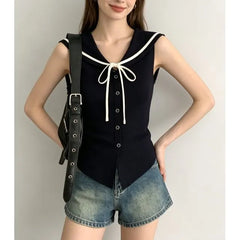 Sleeveless Sailor Collar Tie Neck Button-Up Slim-Fit Knit Top