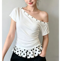Short Sleeve Cold Shoulder Polka Dot Paneled Slim-Fit T-Shirt