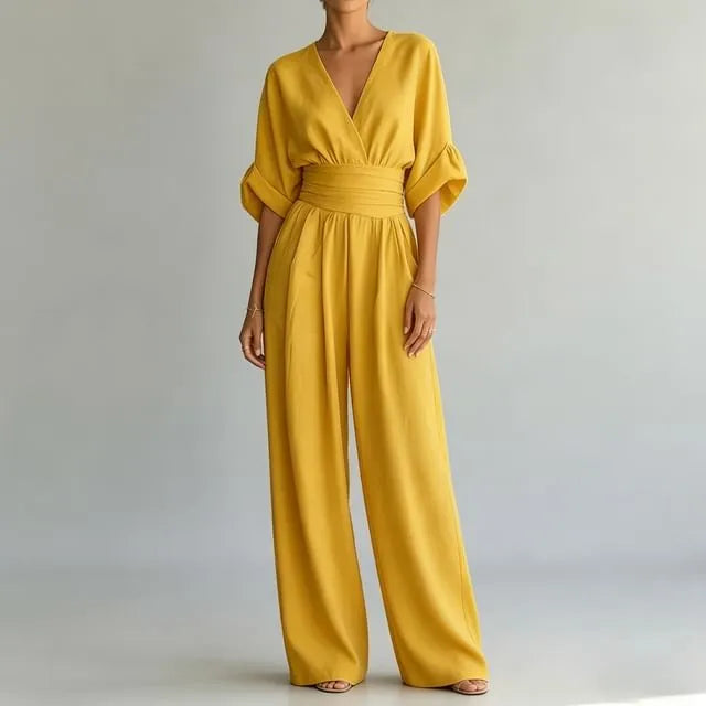 3/4 Sleeve V-Neck Plain Wide Leg Jumpsuit