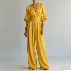 3/4 Sleeve V-Neck Plain Wide Leg Jumpsuit