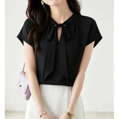 Short-Sleeve Tie-Neck Plain Blouse