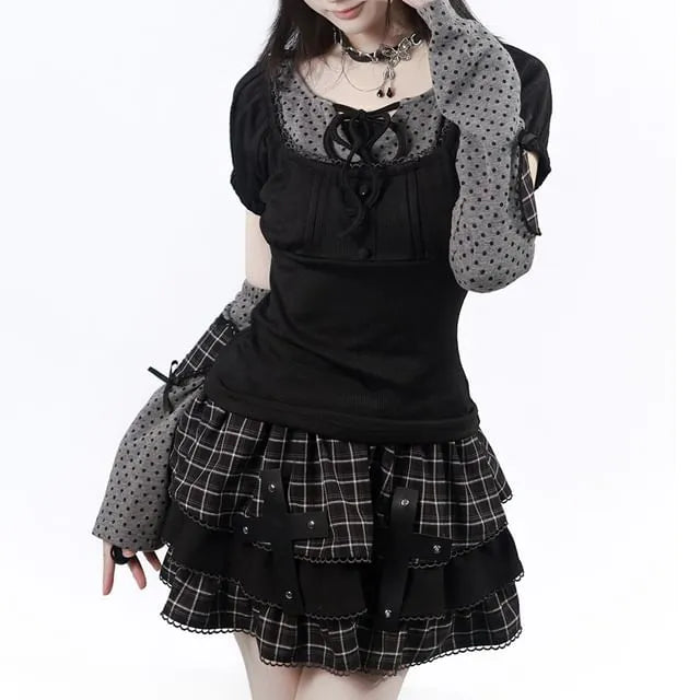 Short-Sleeve Dotted Panel Top / Plaid Mini Tiered Skirt / Arm Sleeves / Short-Sleeve Mini A-Line Dress