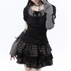 Short-Sleeve Dotted Panel Top / Plaid Mini Tiered Skirt / Arm Sleeves / Short-Sleeve Mini A-Line Dress