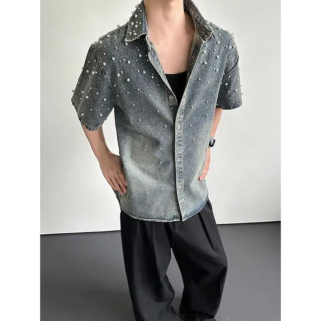 Short Sleeve Collared Washed Faux Pearl Beaded Denim Shirt