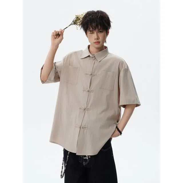 Short Sleeve Collared Plain Frog Closure Shirt