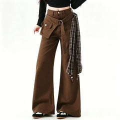 High Waist Plaid Panel Skirt Overlay Flare Jeans