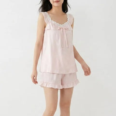 Pajama Set: V-Neck Lace Trim Padded Tank Top + Shorts