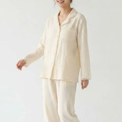 Pajama Set: Long-Sleeve Lapel Collar Lace Trim Button-Up Top + Pants