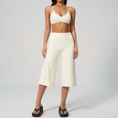 Set: V-Neck Sport Bra Top + Mid Rise Plain Capri Wide Leg Sweatpants