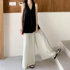 Maternity Sleeveless V-Neck Plain Top / High Waist Wide Leg Pants / Set