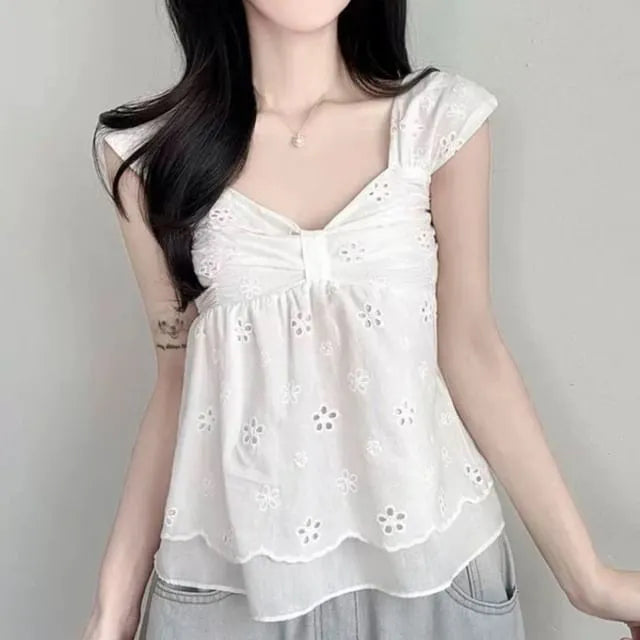 Cap-Sleeve V-Neck Perforated Flowy Crop Top