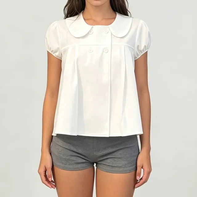 Short-Sleeve Peter Pan Collar Double Breasted Plain Crop Blouse