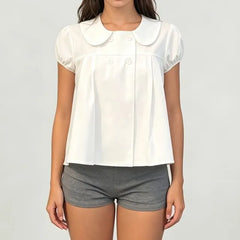 Short-Sleeve Peter Pan Collar Double Breasted Plain Crop Blouse