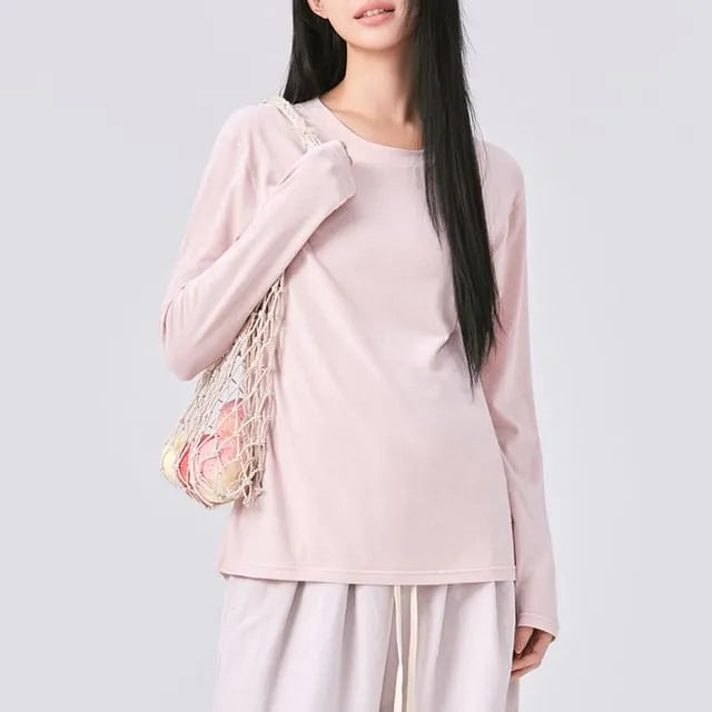 Maternity Long-Sleeve Crew Neck Plain T-Shirt