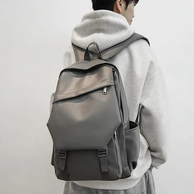 Plain Faux Leather Laptop Backpack