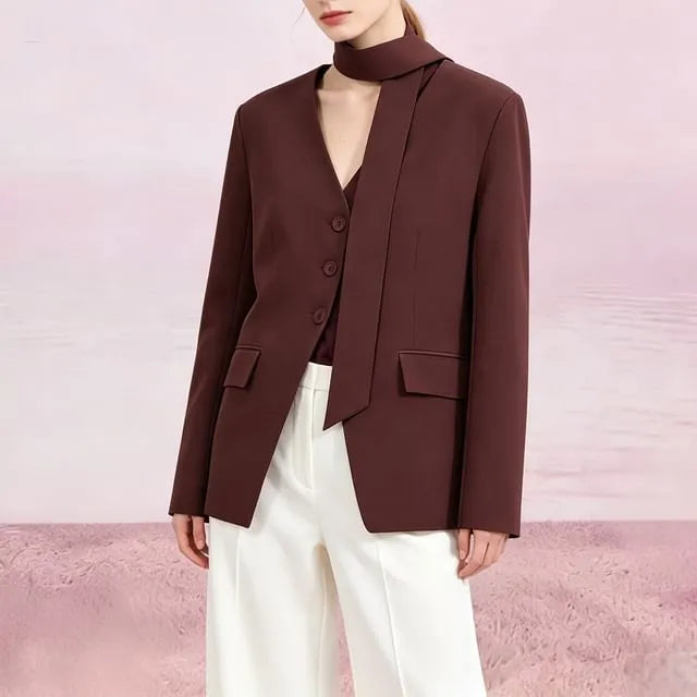 Long Sleeve V Neck Plain Blazer With Scarf