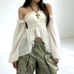 Long Sleeve Cold Shoulder Plain Ruffle High-Low Blouse