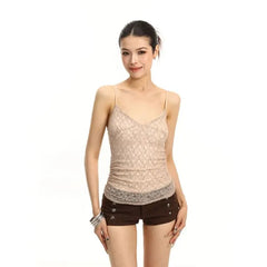 V-Neck Ruched Lace Slim Fit Crop Camisole Top