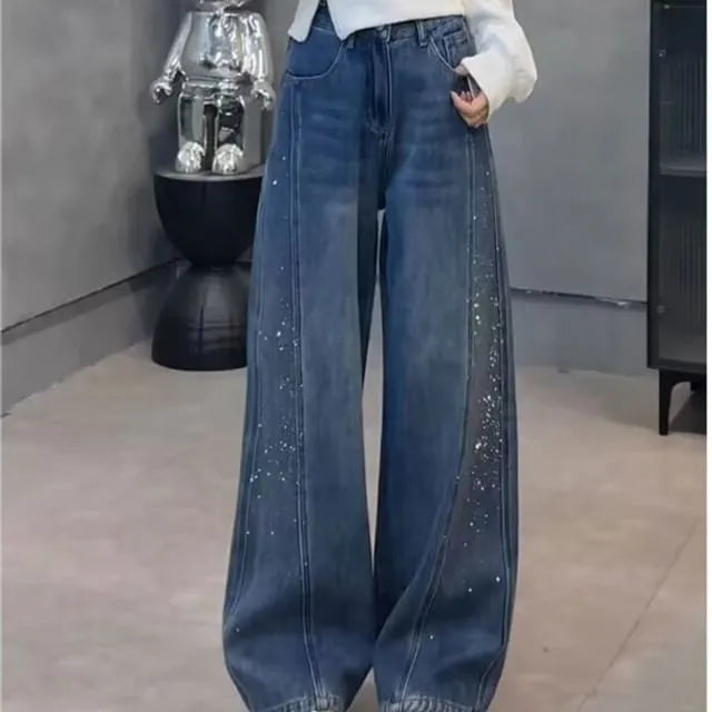 Mid Rise Washed Rhinestone Barrel Leg Jeans