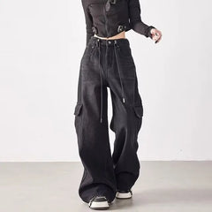 Mid Rise Washed Baggy Cargo Jeans