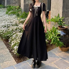 Short Sleeve Square Neck Bow Detail Maxi A-Line Dress