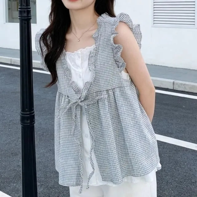 Sleeveless Ruffle Mock Two-Piece Blouse