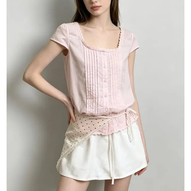 Cap Sleeve Square-Neck Lace-Trim Plain Pleated Slim-Fit Blouse