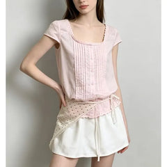 Cap Sleeve Square-Neck Lace-Trim Plain Pleated Slim-Fit Blouse