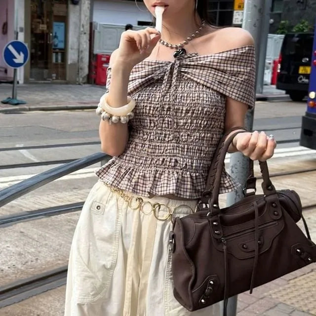 Mock Two-Piece Off-Shoulder Plaid Smocked Ruffle Hem Crop Top