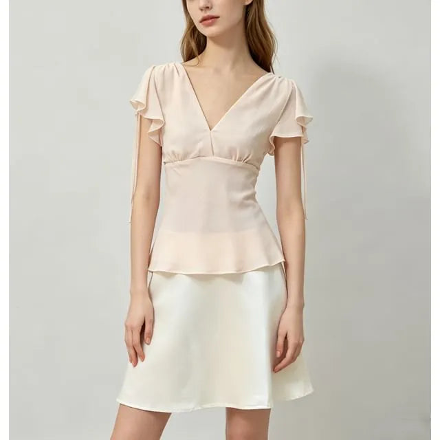 Short Sleeve V-Neck Plain Chiffon Slim-Fit Blouse