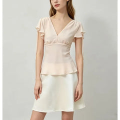 Short Sleeve V-Neck Plain Chiffon Slim-Fit Blouse