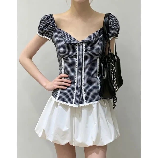 Puff Sleeve Square-Neck Lace Panel Gingham Slim-Fit Blouse