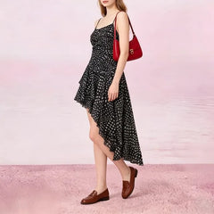 Spaghetti Strap Polka Dot Ruched Slip Asymmetrical  Dress