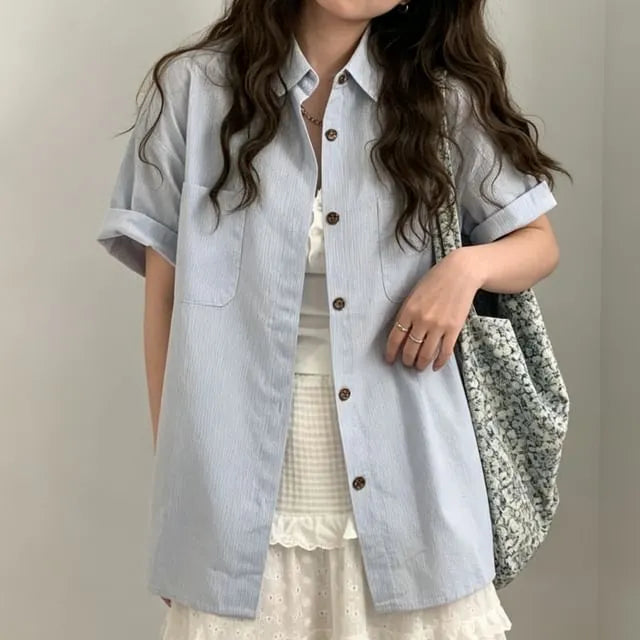 Elbow-Sleeve Striped Button-Up Shirt