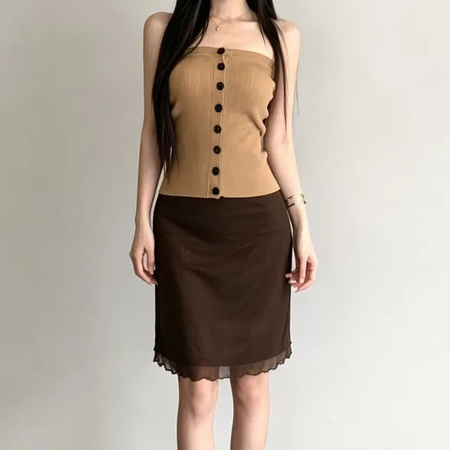 Plain Button Ribbed Knit Tube Top / High Waist Plain Mesh Mini Pencil Skirt