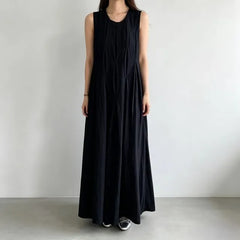 Sleeveless Round Neck Plain Pleated Maxi A-Line Dress