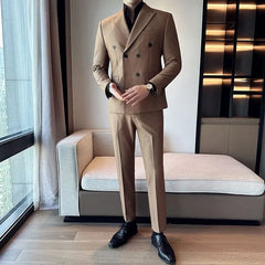 Peak Lapel Plain Double Breasted Blazer / Mid Rise Cropped Tapered Dress Pants / Set