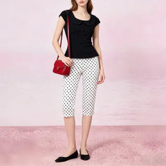 Polka Dots Capri  Pants / Long-Sleeve Stand Collar Lace Up Polka Dots Shirt