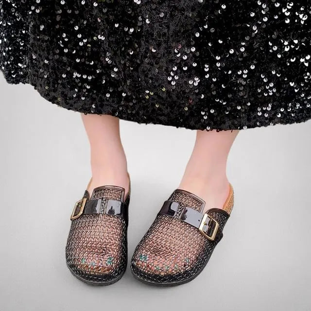 Platform Perforated Buckled Jelly Mules