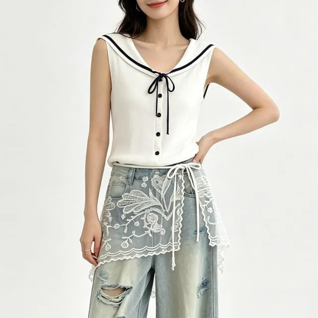 Sailor Collar Contrast Trim Tie Front Button-Up Sweater Vest